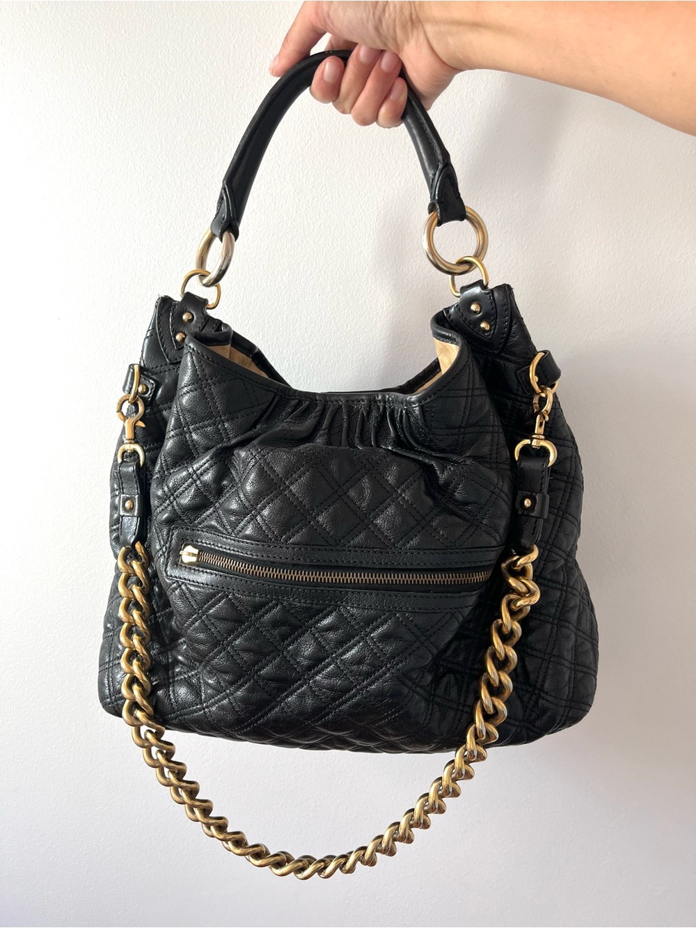 Marc Jacobs Black Quilted Stam Hobo Bag with Gold Chain